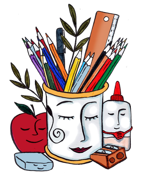 Illustratie met potloden, appel en lijmstift